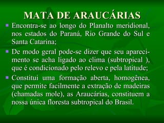 MATA DE ARAUCÁRIAS Encontra-se ao longo do Planalto meridional, nos estados do Paraná, Rio Grande do Sul e Santa Catarina; De modo geral pode-se dizer que seu apareci- mento se acha ligado ao clima (subtropical ), que é condicionado pelo relevo e pela latitude; Constitui uma formação aberta, homogênea, que permite facilmente a extração de madeiras (chamadas mole), as Araucárias, constituem a nossa única floresta subtropical do Brasil.  