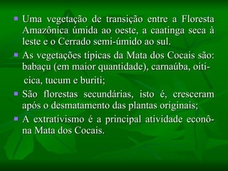 Uma vegetação de transição entre a Floresta Amazônica úmida ao oeste, a caatinga seca à leste e o Cerrado semi-úmido ao sul. As vegetações típicas da Mata dos Cocais são: babaçu (em maior quantidade), carnaúba, oiti- cica, tucum e buriti; São florestas secundárias, isto é, cresceram após o desmatamento das plantas originais; A extrativismo é a principal atividade econô- na Mata dos Cocais.  