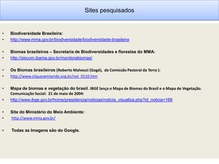 Sites pesquisados


•   Biodiversidade Brasileira:
•   http://www.mma.gov.br/biodiversidade/biodiversidade-brasileira

•   Biomas brasileiros – Secretaria de Biodiversidades e florestas do MMA:
•   http://siscom.ibama.gov.br/monitorabiomas/

•   Os Biomas brasileiros (Roberto Malvezzi (Gogó), da Comissão Pastoral da Terra ):
•   http://www.cliquesemiarido.org.br/not_0110.htm

•   Mapa de biomas e vegetação do brasil. IBGE lança o Mapa de Biomas do Brasil e o Mapa de Vegetação.
    Comunicação Social: 21 de maio de 2004:
•   http://www.ibge.gov.br/home/presidencia/noticias/noticia_visualiza.php?id_noticia=169

•   Site do Ministério do Meio Ambiente:
•   http://www.mma.gov.br/

•   Todas as Imagens são do Google.
 