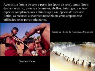Ademais, a fartura de caça e pesca (na época da seca), terras férteis 
das beiras de rio, presença de insetos, abelhas, tartarugas, e outras 
espécies complementava a alimentação nas épocas de escassez. 
Enfim, os recursos disponíveis neste bioma eram amplamente 
utilizados pelos povos originários. 
Parori´wa - Festa de Nominação Masculina. 
Xavante/ A’uwe 
 