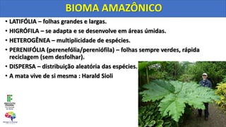 • LATIFÓLIA – folhas grandes e largas.
• HIGRÓFILA – se adapta e se desenvolve em áreas úmidas.
• HETEROGÊNEA – multiplicidade de espécies.
• PERENIFÓLIA (perenefólia/pereniófila) – folhas sempre verdes, rápida
reciclagem (sem desfolhar).
• DISPERSA – distribuição aleatória das espécies.
• A mata vive de si mesma : Harald Sioli
BIOMA AMAZÔNICO
 