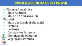 PRINCIPAIS BIOMAS DO BRASIL
 Floresta Amazônica
 Mata Atlântica
 Mata de Araucárias (ou
Pinhais)
 Mata dos Cocais (Babaçuais)
 Cerrado
 Caatinga
 Campos (ou Pampas)
 Complexo do Pantanal
 Vegetação Litorânea
 