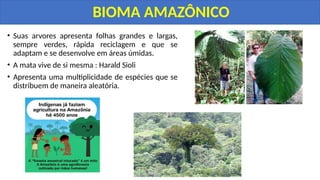 • Suas arvores apresenta folhas grandes e largas,
sempre verdes, rápida reciclagem e que se
adaptam e se desenvolve em áreas úmidas.
• A mata vive de si mesma : Harald Sioli
• Apresenta uma multiplicidade de espécies que se
distribuem de maneira aleatória.
BIOMA AMAZÔNICO
 