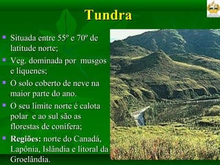 Tundra  Situada entre 55º e 70º de latitude norte; Veg. dominada por  musgos e líquenes; O solo coberto de neve na maior parte do ano.  O seu limite norte é calota polar  e ao sul são as florestas de conífera; Regiões:  norte do Canadá,  Lapônia, Islândia e litoral da Groelândia. 