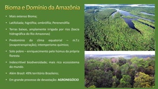 • Mais extenso Bioma;
• Latifoliada; higrófita; ombrófila; Perenenófila
• Terras baixas, amplamente irrigada por rios (bacia
hidrográfica do Rio Amazonas)
• Predomínio do clima equatorial – m.T.c
(evapotranspiração); intemperismo químico;
• Solo pobre – enriquecimento pelo húmus da própria
floresta
• Indescritível biodiversidade; mais rico ecossistema
do mundo.
• Além Brasil: 49% território Brasileiro;
• Em grande processo de devastação: AGRONEGÓCIO
 