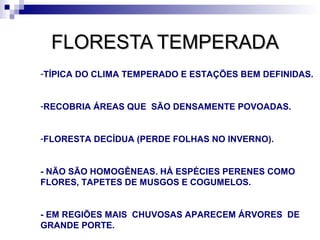 FLORESTA TEMPERADA
-TÍPICA DO CLIMA TEMPERADO E ESTAÇÕES BEM DEFINIDAS.


-RECOBRIA ÁREAS QUE SÃO DENSAMENTE POVOADAS.


-FLORESTA DECÍDUA (PERDE FOLHAS NO INVERNO).


- NÃO SÃO HOMOGÊNEAS. HÁ ESPÉCIES PERENES COMO
FLORES, TAPETES DE MUSGOS E COGUMELOS.


- EM REGIÕES MAIS CHUVOSAS APARECEM ÁRVORES DE
GRANDE PORTE.
 
