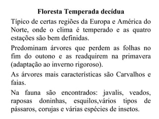Floresta Temperada decídua
Típico de certas regiões da Europa e América do
Norte, onde o clima é temperado e as quatro
estações são bem definidas.
Predominam árvores que perdem as folhas no
fim do outono e as readquirem na primavera
(adaptação ao inverno rigoroso).
As árvores mais características são Carvalhos e
faias.
Na fauna são encontrados: javalis, veados,
raposas doninhas, esquilos,vários tipos de
pássaros, corujas e várias espécies de insetos.
 