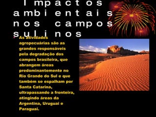   Impactos ambientais nos campos sulinos  As atividades agropecuárias são as grandes responsáveis pela degradação dos campos brasileira, que abrangem áreas predominantemente no Rio Grande do Sul e que também se espalham por Santa Catarina, ultrapassando a fronteira, atingindo áreas da Argentina, Uruguai e Paraguai. 