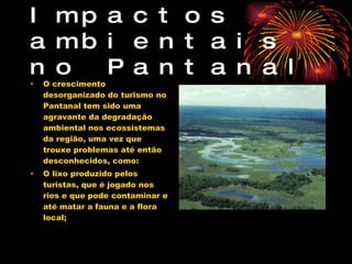 Impactos ambientais no Pantanal O crescimento desorganizado do turismo no Pantanal tem sido uma agravante da degradação ambiental nos ecossistemas da região, uma vez que trouxe problemas até então desconhecidos, como: O lixo produzido pelos turistas, que é jogado nos rios e que pode contaminar e até matar a fauna e a flora local; 
