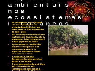 Impactos ambientais nos ecossistemas litorâneos Os manguezais e as restingas são ecossistemas de alta produtividade biológica, que estão entre os mais degradados do nosso país. Sua localização foi decisiva para explicar esta devastação, isto é, abrangem a faixa costeira, que é a mais populosa do Brasil. Ações humanas  combinados afetam os manguezais e as restingas, agravando os impactos ambientais nesses ecossistemas, como: A expansão urbana desordenada, que polui as águas e os solos; O derramamento de petróleo nas refinarias e nos terminais de embarque e desembarque da Petrobras;  