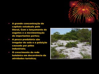 A grande concentração de capitais estaduais pelo litoral, Com o lançamento de esgotos e a movimentação de importantes portos; A pesca predatória são irregular do solo e a poluição causada por pólos industriais; O crescimento da rede hoteleira em decorrência da atividades turística; 