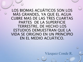 LOS BIOMAS ACUÁTICOS SON LOS
MÁS GRANDES, YA QUE EL AGUA
CUBRE MAS DE LAS TRES CUARTAS
PARTES DE LA SUPERFICIE
TERRESTRE, DE HECHO LOS
ESTUDIOS DEMUESTRAN QUE LA
VIDA SE ORIGINO EN UN PRINCIPIO
EN EL MEDIO ACUÁTICO.
Vázquez Conde R.
 