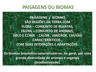 PAISAGENS OU BIOMAS
               PAISAGENS / BIOMAS
            SÃO REGIÕES DA TERRA COM
         FLORA – CONJUNTO DE PLANTAS,
         FAUNA – CONJUNTO DE ANIMAIS,
     SOLO E CLIMA - CALOR , UMIDADE, CHUVAS
                CARACTERÍSTICOS ,
       COM SUAS INTERAÇÕES E ADAPTAÇÕES.

Os biomas brasileiros caracterizam-se, no geral, por uma
       grande diversidade de animais e vegetais
                    (biodiversidade).
 