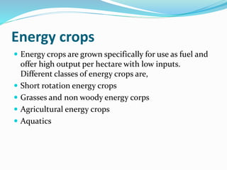 Energy crops
 Energy crops are grown specifically for use as fuel and
offer high output per hectare with low inputs.
Different classes of energy crops are,
 Short rotation energy crops
 Grasses and non woody energy corps
 Agricultural energy crops
 Aquatics
 