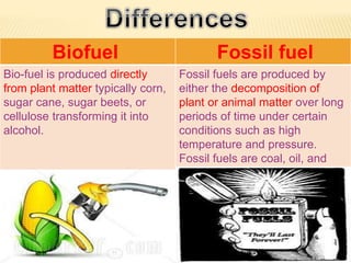 Biofuel Fossil fuel
Bio-fuel is produced directly
from plant matter typically corn,
sugar cane, sugar beets, or
cellulose transforming it into
alcohol.
Fossil fuels are produced by
either the decomposition of
plant or animal matter over long
periods of time under certain
conditions such as high
temperature and pressure.
Fossil fuels are coal, oil, and
natural gas.