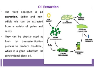 • The third approach is oil
extraction. Edible and non-
edible oils can be extracted
from a variety of grains and
seeds.
• They can be directly used as
fuels by transesterification
process to produce bio-diesel,
which is a good substitute for
conventional diesel oil.
Oil Extraction
 