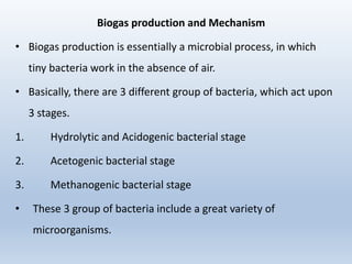 Biogas production and Mechanism
• Biogas production is essentially a microbial process, in which
tiny bacteria work in the absence of air.
• Basically, there are 3 different group of bacteria, which act upon
3 stages.
1. Hydrolytic and Acidogenic bacterial stage
2. Acetogenic bacterial stage
3. Methanogenic bacterial stage
• These 3 group of bacteria include a great variety of
microorganisms.
 