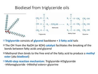 Biodiesel from triglyceride oils
Triglyceride consists of glycerol backbone + 3 fatty acid tails
The OH- from the NaOH (or KOH) catalyst facilitates the breaking of the
bonds between fatty acids and glycerol
Methanol then binds to the free end of the fatty acid to produce a methyl
ester (aka biodiesel)
Multi-step reaction mechanism: Triglyceride→Diglyceride
→Monoglyceride →Methyl esters+ glycerine
Glycerine
Methyl Ester
Triglyceride
Methoxide
 