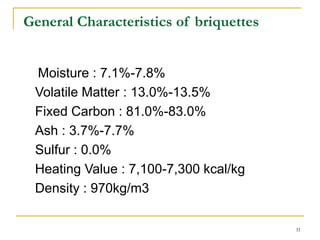 General Characteristics of briquettes
Moisture : 7.1%-7.8%
Volatile Matter : 13.0%-13.5%
Fixed Carbon : 81.0%-83.0%
Ash : 3.7%-7.7%
Sulfur : 0.0%
Heating Value : 7,100-7,300 kcal/kg
Density : 970kg/m3
31

 