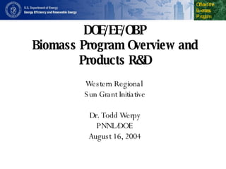 DOE/EE/OBP Biomass Program Overview and Products R&D Western Regional  Sun Grant Initiative Dr. Todd Werpy PNNL/DOE August 16, 2004 