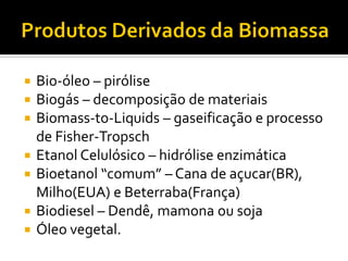    Bio-óleo – pirólise
   Biogás – decomposição de materiais
   Biomass-to-Liquids – gaseificação e processo
    de Fisher-Tropsch
   Etanol Celulósico – hidrólise enzimática
   Bioetanol “comum” – Cana de açucar(BR),
    Milho(EUA) e Beterraba(França)
   Biodiesel – Dendê, mamona ou soja
   Óleo vegetal.
 