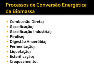    Combustão Direta;
   Gaseificação;
   Gaseificação Industrial;
   Pirólise;
   Digestão Anaeróbia;
   Fermentação;
   Liquefação;
   Esterificação;
   Craqueamento.
 