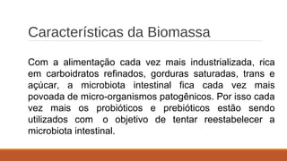Características da Biomassa
Com a alimentação cada vez mais industrializada, rica
em carboidratos refinados, gorduras saturadas, trans e
açúcar, a microbiota intestinal fica cada vez mais
povoada de micro-organismos patogênicos. Por isso cada
vez mais os probióticos e prebióticos estão sendo
utilizados com o objetivo de tentar reestabelecer a
microbiota intestinal.
 