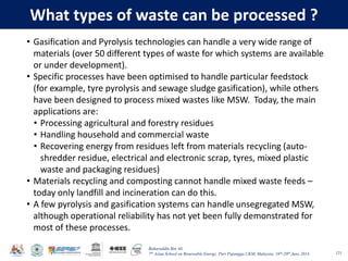 Baharuddin Bin Ali
7th Asian School on Renewable Energy, Puri Pujangga UKM, Malaysia, 16th-20th June 2014
What types of waste can be processed ?
123
• Gasification and Pyrolysis technologies can handle a very wide range of
materials (over 50 different types of waste for which systems are available
or under development).
• Specific processes have been optimised to handle particular feedstock
(for example, tyre pyrolysis and sewage sludge gasification), while others
have been designed to process mixed wastes like MSW. Today, the main
applications are:
• Processing agricultural and forestry residues
• Handling household and commercial waste
• Recovering energy from residues left from materials recycling (auto-
shredder residue, electrical and electronic scrap, tyres, mixed plastic
waste and packaging residues)
• Materials recycling and composting cannot handle mixed waste feeds –
today only landfill and incineration can do this.
• A few pyrolysis and gasification systems can handle unsegregated MSW,
although operational reliability has not yet been fully demonstrated for
most of these processes.
 