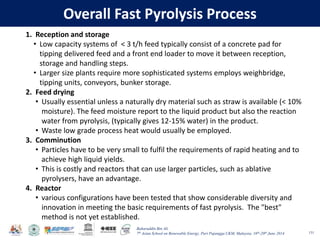 Baharuddin Bin Ali
7th Asian School on Renewable Energy, Puri Pujangga UKM, Malaysia, 16th-20th June 2014
Overall Fast Pyrolysis Process
131
1. Reception and storage
• Low capacity systems of < 3 t/h feed typically consist of a concrete pad for
tipping delivered feed and a front end loader to move it between reception,
storage and handling steps.
• Larger size plants require more sophisticated systems employs weighbridge,
tipping units, conveyors, bunker storage.
2. Feed drying
• Usually essential unless a naturally dry material such as straw is available (< 10%
moisture). The feed moisture report to the liquid product but also the reaction
water from pyrolysis, (typically gives 12-15% water) in the product.
• Waste low grade process heat would usually be employed.
3. Comminution
• Particles have to be very small to fulfil the requirements of rapid heating and to
achieve high liquid yields.
• This is costly and reactors that can use larger particles, such as ablative
pyrolysers, have an advantage.
4. Reactor
• various configurations have been tested that show considerable diversity and
innovation in meeting the basic requirements of fast pyrolysis. The "best"
method is not yet established.
 