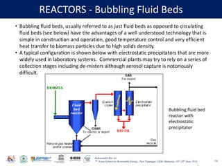 Baharuddin Bin Ali
7th Asian School on Renewable Energy, Puri Pujangga UKM, Malaysia, 16th-20th June 2014
REACTORS - Bubbling Fluid Beds
136
• Bubbling fluid beds, usually referred to as just fluid beds as opposed to circulating
fluid beds (see below) have the advantages of a well understood technology that is
simple in construction and operation, good temperature control and very efficient
heat transfer to biomass particles due to high solids density.
• A typical configuration is shown below with electrostatic precipitators that are more
widely used in laboratory systems. Commercial plants may try to rely on a series of
collection stages including de-misters although aerosol capture is notoriously
difficult.
Bubbling fluid bed
reactor with
electrostatic
precipitator
 
