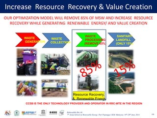 Baharuddin Bin Ali
7th Asian School on Renewable Energy, Puri Pujangga UKM, Malaysia, 16th-20th June 2014
Increase Resource Recovery & Value Creation
148
OUR OPTIMIZATION MODEL WILL REMOVE 85% OF MSW AND INCREASE RESOURCE
RECOVERY WHILE GENERATING RENEWABLE ENERGY/ AND VALUE CREATION
WASTE
GENERATION
WASTE
COLLECTION
WASTE
PROCESSING
(REMOVE 85%)
SANITARY
LANDFILL
(ONLY 15%)
Resource Recovery,
& Renewable Energy
CCSB IS THE ONLY TECHNOLOGY PROVIDER AND OPERATOR IN RRC-WTE IN THE REGION
 