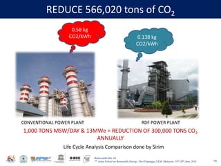 Baharuddin Bin Ali
7th Asian School on Renewable Energy, Puri Pujangga UKM, Malaysia, 16th-20th June 2014
REDUCE 566,020 tons of CO2
168
0.58 kg
CO2/kWh 0.138 kg
CO2/kWh
CONVENTIONAL POWER PLANT RDF POWER PLANT
Life Cycle Analysis Comparison done by Sirim
1,000 TONS MSW/DAY & 13MWe = REDUCTION OF 300,000 TONS CO2
ANNUALLY
 