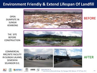 Baharuddin Bin Ali
7th Asian School on Renewable Energy, Puri Pujangga UKM, Malaysia, 16th-20th June 2014
Environment Friendly & Extend Lifespan Of Landfill
170
OPEN
DUMPSITE IN
SUNGAI
KEMBONG
THE SITE
BEFORE
CONSTRUCTION
COMMERCIAL
RRC/WTE FACILITY
IN SUNGAI LALANG,
SEMENYIH
SELANGOR D.E.
BEFORE
AFTER
 