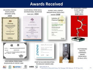 Baharuddin Bin Ali
7th Asian School on Renewable Energy, Puri Pujangga UKM, Malaysia, 16th-20th June 2014
Awards Received
173
ANUGERAH INOVASI
PENYELIDIKAN
BERSAMA (AIPB)
2004
GOLD MEDAL FROM CHINA
ASSOCIATION OF PATENT 2004
SILVER MEDAL FROM SEOUL
INTERNATIONAL INVENTION
FAIR (SIIF) 2004
FROST & SULLIVAN INDUSTRIAL
TECHNOLOGY AWARD 2006
ICHEM E SHELL ENERGY
INNOVATION & EXCELLENCE
AWARD 2008
OUTSTANDING
INVESTEE
COMPANIES
AWARD
FROM MVCA
25 March 2011
TOP RENEWABLE ENERGY
PLANT AWARD
ILLINOIS, USA
MAY 2011
 