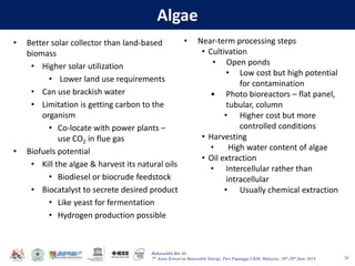 Baharuddin Bin Ali
7th Asian School on Renewable Energy, Puri Pujangga UKM, Malaysia, 16th-20th June 2014
Algae
• Better solar collector than land‐based
biomass
• Higher solar utilization
• Lower land use requirements
• Can use brackish water
• Limitation is getting carbon to the
organism
• Co‐locate with power plants –
use CO2 in flue gas
• Biofuels potential
• Kill the algae & harvest its natural oils
• Biodiesel or biocrude feedstock
• Biocatalyst to secrete desired product
• Like yeast for fermentation
• Hydrogen production possible
24
• Near‐term processing steps
• Cultivation
• Open ponds
• Low cost but high potential
for contamination
• Photo bioreactors – flat panel,
tubular, column
• Higher cost but more
controlled conditions
• Harvesting
• High water content of algae
• Oil extraction
• Intercellular rather than
intracellular
• Usually chemical extraction
 