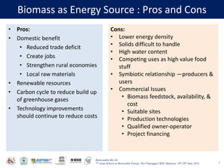 Baharuddin Bin Ali
7th Asian School on Renewable Energy, Puri Pujangga UKM, Malaysia, 16th-20th June 2014
Biomass as Energy Source : Pros and Cons
• Pros:
• Domestic benefit
• Reduced trade deficit
• Create jobs
• Strengthen rural economies
• Local raw materials
• Renewable resources
• Carbon cycle to reduce build up
of greenhouse gases
• Technology improvements
should continue to reduce costs
3
Cons:
• Lower energy density
• Solids difficult to handle
• High water content
• Competing uses as high value food
stuff
• Symbiotic relationship —producers &
users
• Commercial Issues
• Biomass feedstock, availability, &
cost
• Suitable sites
• Production technologies
• Qualified owner‐operator
• Project financing
 