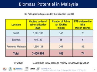 Baharuddin Bin Ali
7th Asian School on Renewable Energy, Puri Pujangga UKM, Malaysia, 16th-20th June 2014
Biomass Potential in Malaysia
40
Location
Hectare under oil
palm cultivation
(2005)
Number of Palms
(at 136/Ha)
million
FFB delivered to
Mills
Million Tonnes
Sabah 1,081,102 147 25
Sarawak 405,729 55 6
Peninsula Malaysia 1,956,129 266 43
Total 3,450,960 468 74
Oil Palm planted areas and FFB production in 2005
By 2020 5,500,000 new acreage mainly in Sarawak & Sabah
 