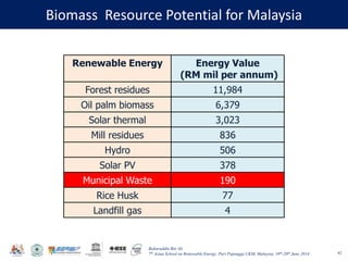 Baharuddin Bin Ali
7th Asian School on Renewable Energy, Puri Pujangga UKM, Malaysia, 16th-20th June 2014 42
Biomass Resource Potential for Malaysia
Renewable Energy Energy Value
(RM mil per annum)
Forest residues 11,984
Oil palm biomass 6,379
Solar thermal 3,023
Mill residues 836
Hydro 506
Solar PV 378
Municipal Waste 190
Rice Husk 77
Landfill gas 4
 