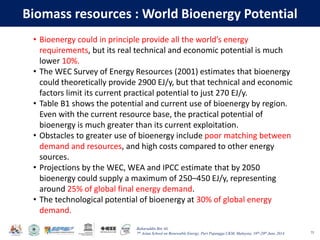 Baharuddin Bin Ali
7th Asian School on Renewable Energy, Puri Pujangga UKM, Malaysia, 16th-20th June 2014
Biomass resources : World Bioenergy Potential
75
• Bioenergy could in principle provide all the world’s energy
requirements, but its real technical and economic potential is much
lower 10%.
• The WEC Survey of Energy Resources (2001) estimates that bioenergy
could theoretically provide 2900 EJ/y, but that technical and economic
factors limit its current practical potential to just 270 EJ/y.
• Table B1 shows the potential and current use of bioenergy by region.
Even with the current resource base, the practical potential of
bioenergy is much greater than its current exploitation.
• Obstacles to greater use of bioenergy include poor matching between
demand and resources, and high costs compared to other energy
sources.
• Projections by the WEC, WEA and IPCC estimate that by 2050
bioenergy could supply a maximum of 250–450 EJ/y, representing
around 25% of global final energy demand.
• The technological potential of bioenergy at 30% of global energy
demand.
 