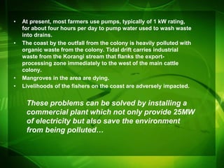 •   At present, most farmers use pumps, typically of 1 kW rating,
    for about four hours per day to pump water used to wash waste
    into drains.
•   The coast by the outfall from the colony is heavily polluted with
    organic waste from the colony. Tidal drift carries industrial
    waste from the Korangi stream that flanks the export-
    processing zone immediately to the west of the main cattle
    colony.
•   Mangroves in the area are dying.
•   Livelihoods of the fishers on the coast are adversely impacted.


     These problems can be solved by installing a
     commercial plant which not only provide 25MW
     of electricity but also save the environment
     from being polluted…
 