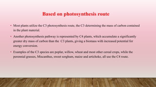 • Most plants utilize the C3 photosynthesis route, the C3 determining the mass of carbon contained
in the plant material.
• Another photosynthesis pathway is represented by C4 plants, which accumulate a significantly
greater dry mass of carbon than the C3 plants, giving a biomass with increased potential for
energy conversion.
• Examples of the C3 species are poplar, willow, wheat and most other cereal crops, while the
perennial grasses, Miscanthus, sweet sorghum, maize and artichoke, all use the C4 route.
Based on photosynthesis route
 