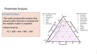 Proximate Analysis
4.Fixed Carbon:
• The solid combustible residue that
remains after biomass is heated and
the volatile matter is expelled
• Determined as :
FC = 100 – Ash – MC – VM
 