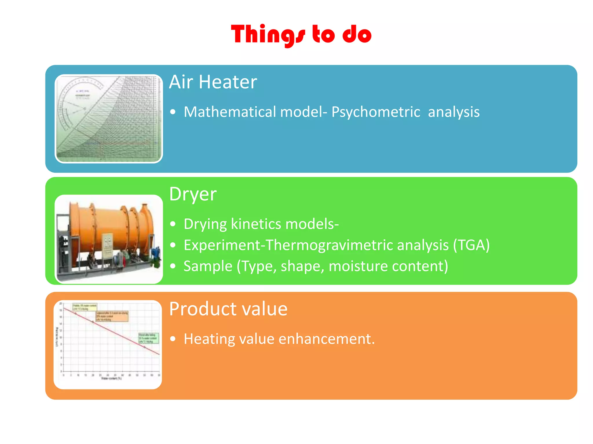 Things to do
Air Heater
• Mathematical model- Psychometric analysis




Dryer
• Drying kinetics models-
• Experiment-Thermogravimetric analysis (TGA)
• Sample (Type, shape, moisture content)

Product value
• Heating value enhancement.
 
