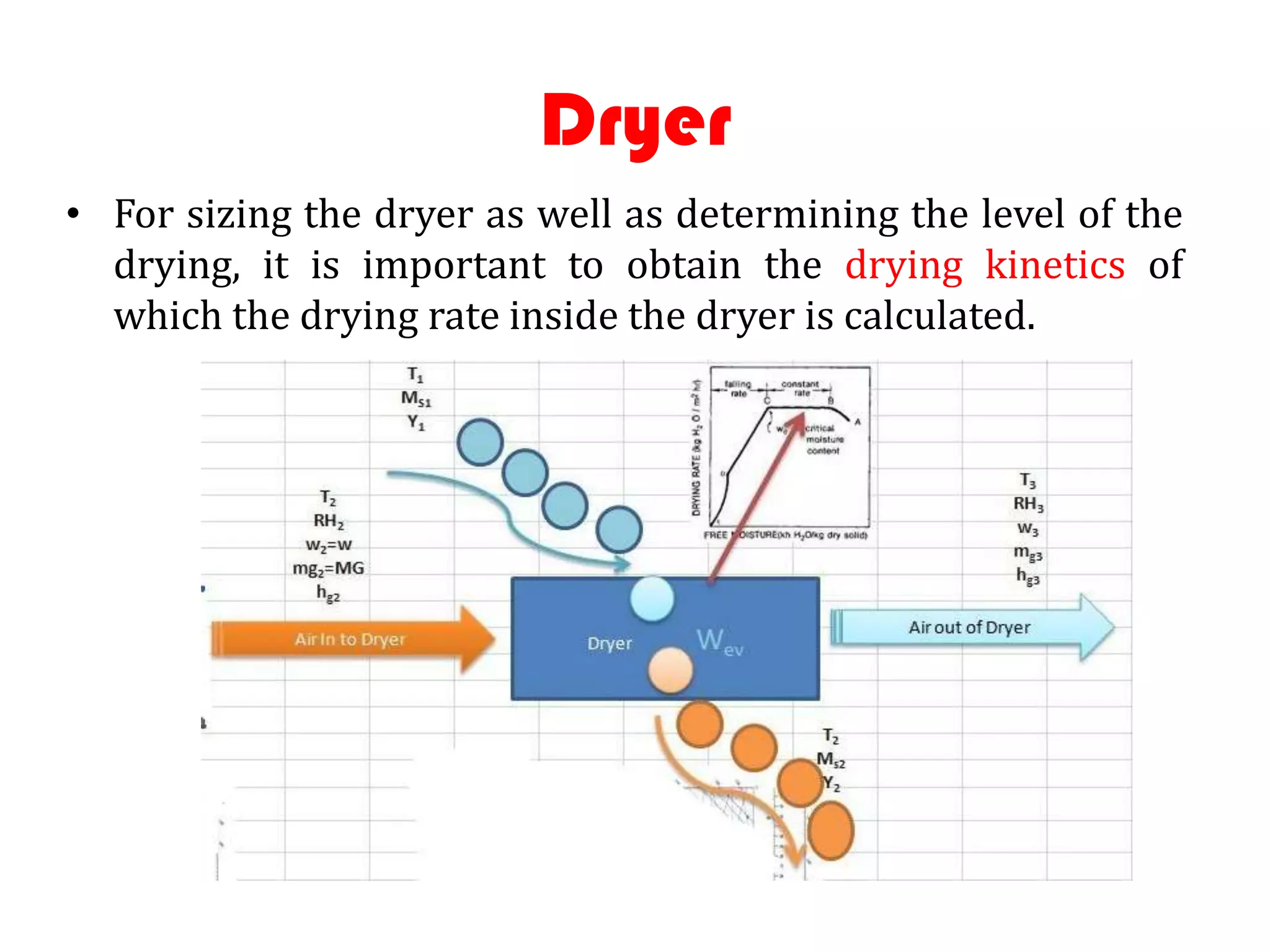 Dryer
• For sizing the dryer as well as determining the level of the
  drying, it is important to obtain the drying kinetics of
  which the drying rate inside the dryer is calculated.
 