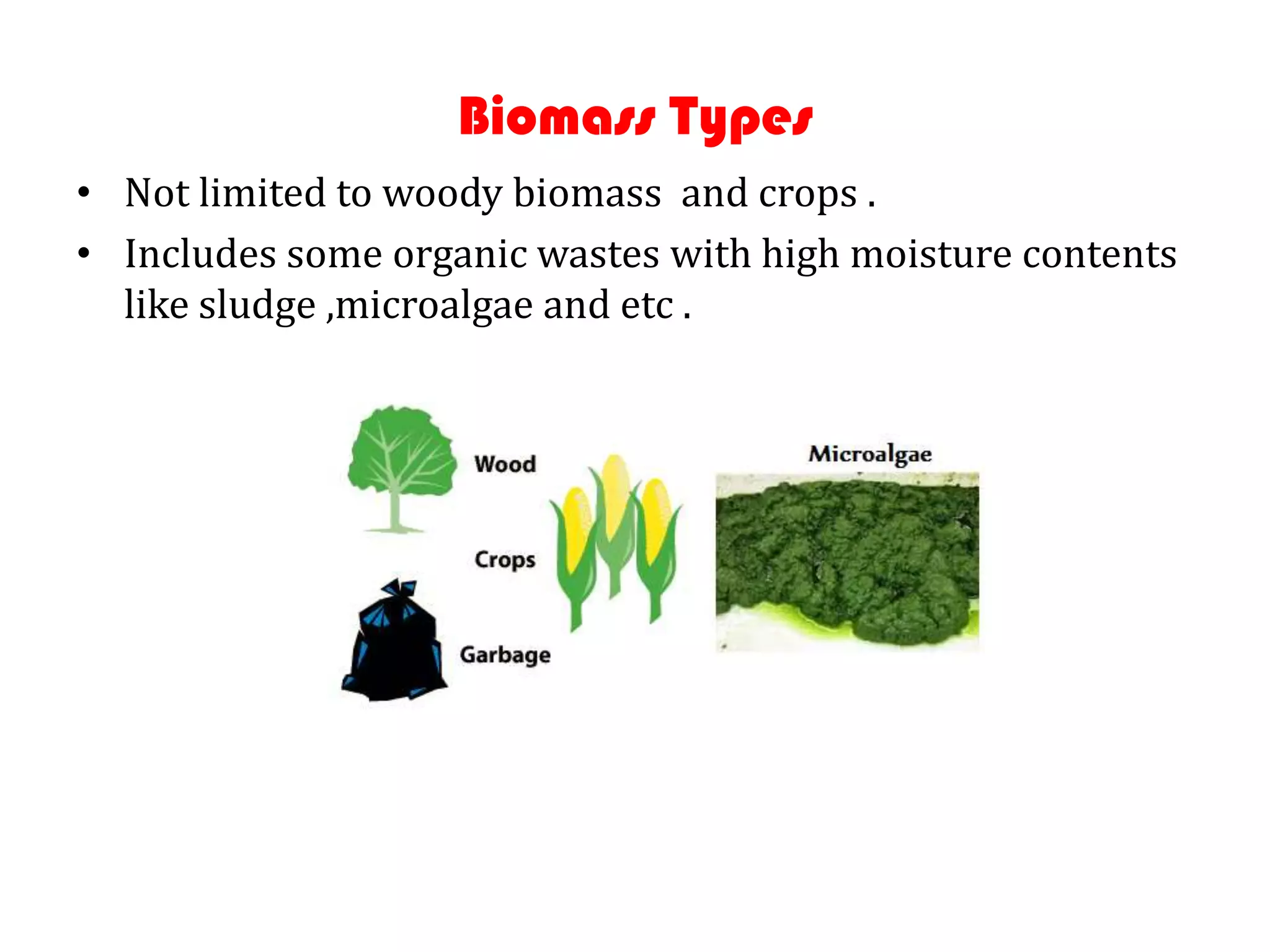 Biomass Types
• Not limited to woody biomass and crops .
• Includes some organic wastes with high moisture contents
  like sludge ,microalgae and etc .
 