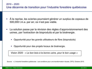 2010 – 2020:
 Une décennie de transition pour l’industrie forestière québécoise



  À la reprise, les scieries pourraient générer un surplus de copeaux de
      500,000 t.m.a. par an; ce n’est pas viable.

  La solution passe par la révision des règles d’approvisionnement des
      usines, par l’extraction de bioproduits et par la bioénergie.

         Opportunité pour les grands utilisateurs de fibre (bioproduits)


         Opportunité pour des projets locaux de bioénergie.


        Vision 2020: « Le bon bois à la bonne usine, pour le bon usage »


  Source: « L’industrie forestière québécoise: Les conditions pour une transformation réussie, CIFQ, Octobre 2010.



SADC A-O – Filière biomasse                                                                                 Avril 2012
 