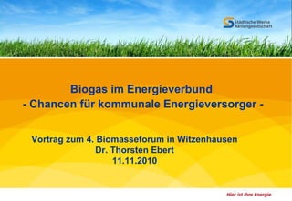 Dr. Thorsten Ebert
1
Biomasseforum - 11.11.2010
Biogas im Energieverbund
- Chancen für kommunale Energieversorger -
Vortrag zum 4. Biomasseforum in Witzenhausen
Dr. Thorsten Ebert
11.11.2010
 