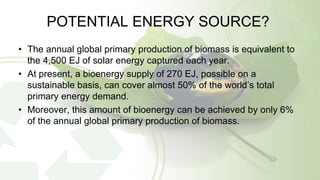 POTENTIAL ENERGY SOURCE?
• The annual global primary production of biomass is equivalent to
the 4,500 EJ of solar energy captured each year.
• At present, a bioenergy supply of 270 EJ, possible on a
sustainable basis, can cover almost 50% of the world’s total
primary energy demand.
• Moreover, this amount of bioenergy can be achieved by only 6%
of the annual global primary production of biomass.
 
