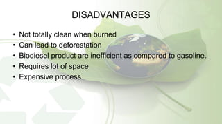 DISADVANTAGES
• Not totally clean when burned
• Can lead to deforestation
• Biodiesel product are inefficient as compared to gasoline.
• Requires lot of space
• Expensive process
 