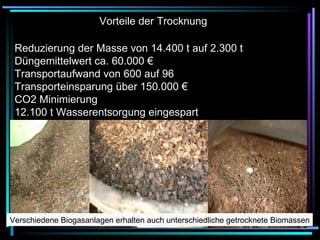 Vorteile der Trocknung Verschiedene Biogasanlagen erhalten auch unterschiedliche getrocknete Biomassen Reduzierung der Masse von 14.400 t auf 2.300 t Düngemittelwert ca. 60.000 € Transportaufwand von 600 auf 96 Transporteinsparung über 150.000 € CO2 Minimierung 12.100 t Wasserentsorgung eingespart 